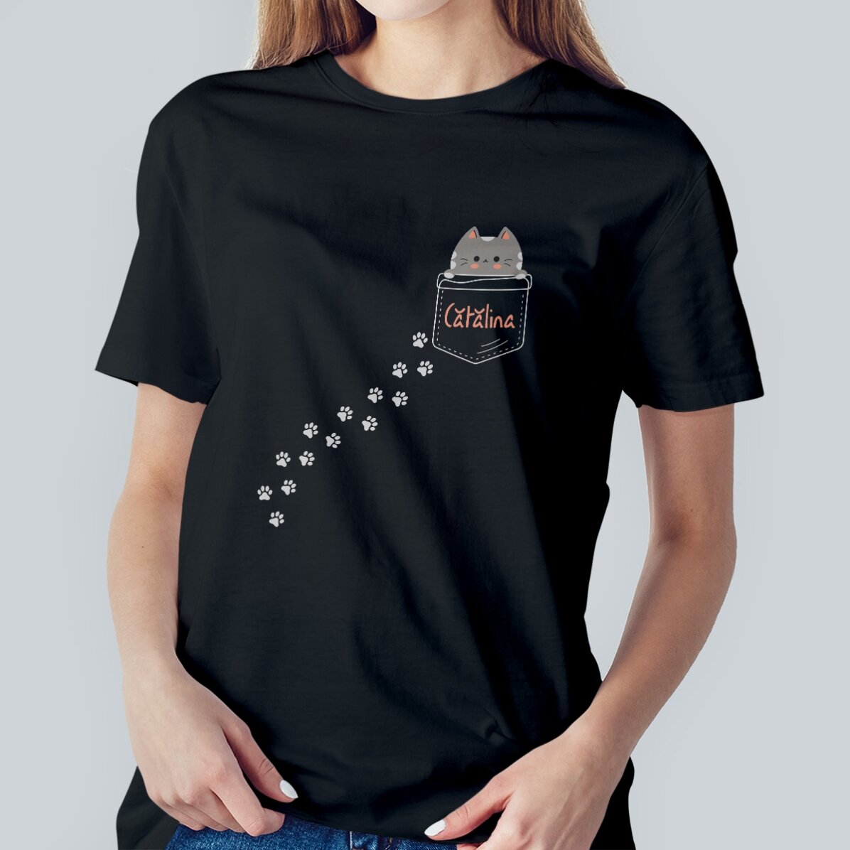 Katoenen T-shirt met gepersonaliseerde tekst - De verborgen kat