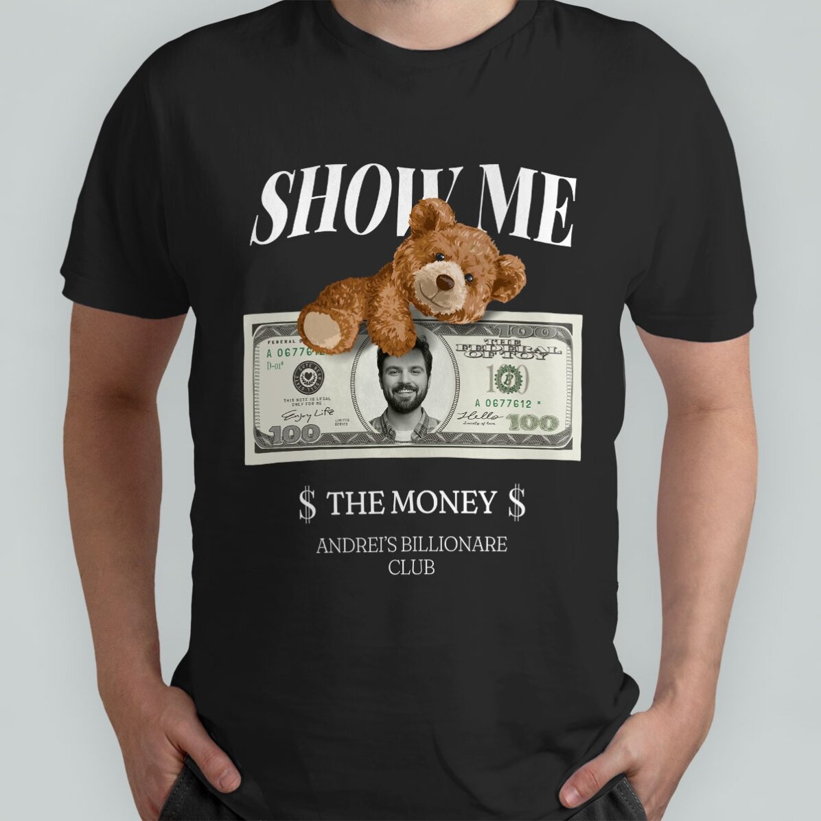 Katoenen T-shirt met foto en tekst naar keuze - Show me the money