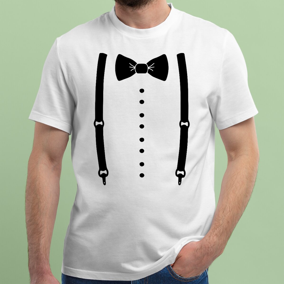 Gepersonaliseerd katoenen T-shirt voor het vrijgezellenfeest - Bretels en vlinderdas