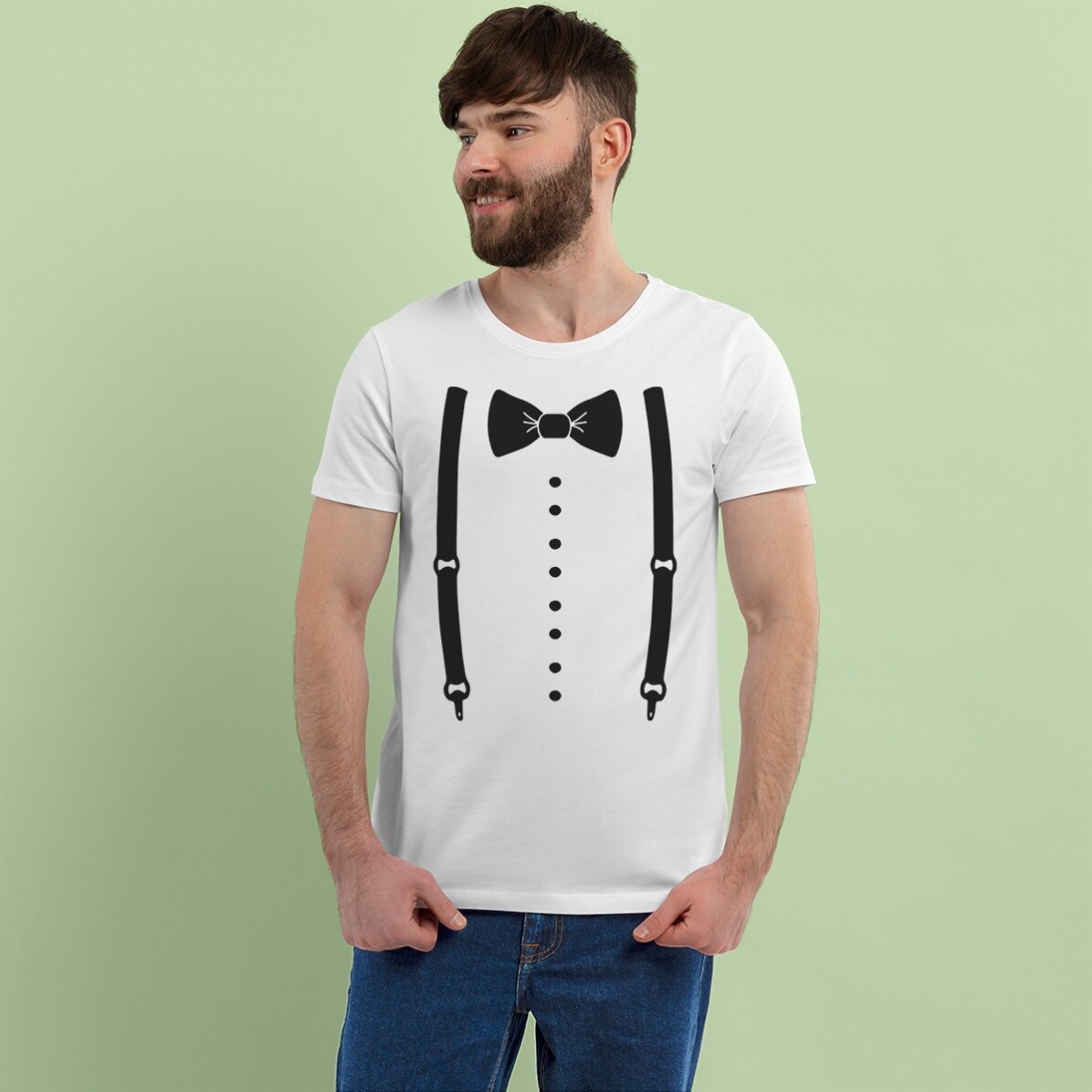 Gepersonaliseerd katoenen T-shirt voor het vrijgezellenfeest - Bretels en vlinderdas