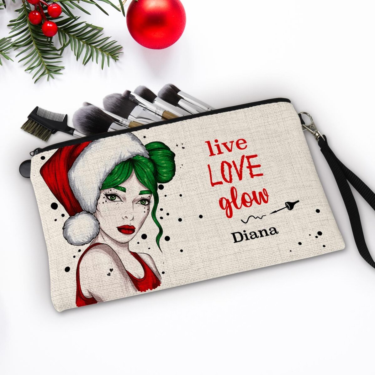 Gepersonaliseerde make-upset met de tekst ‘Live Love Glow’