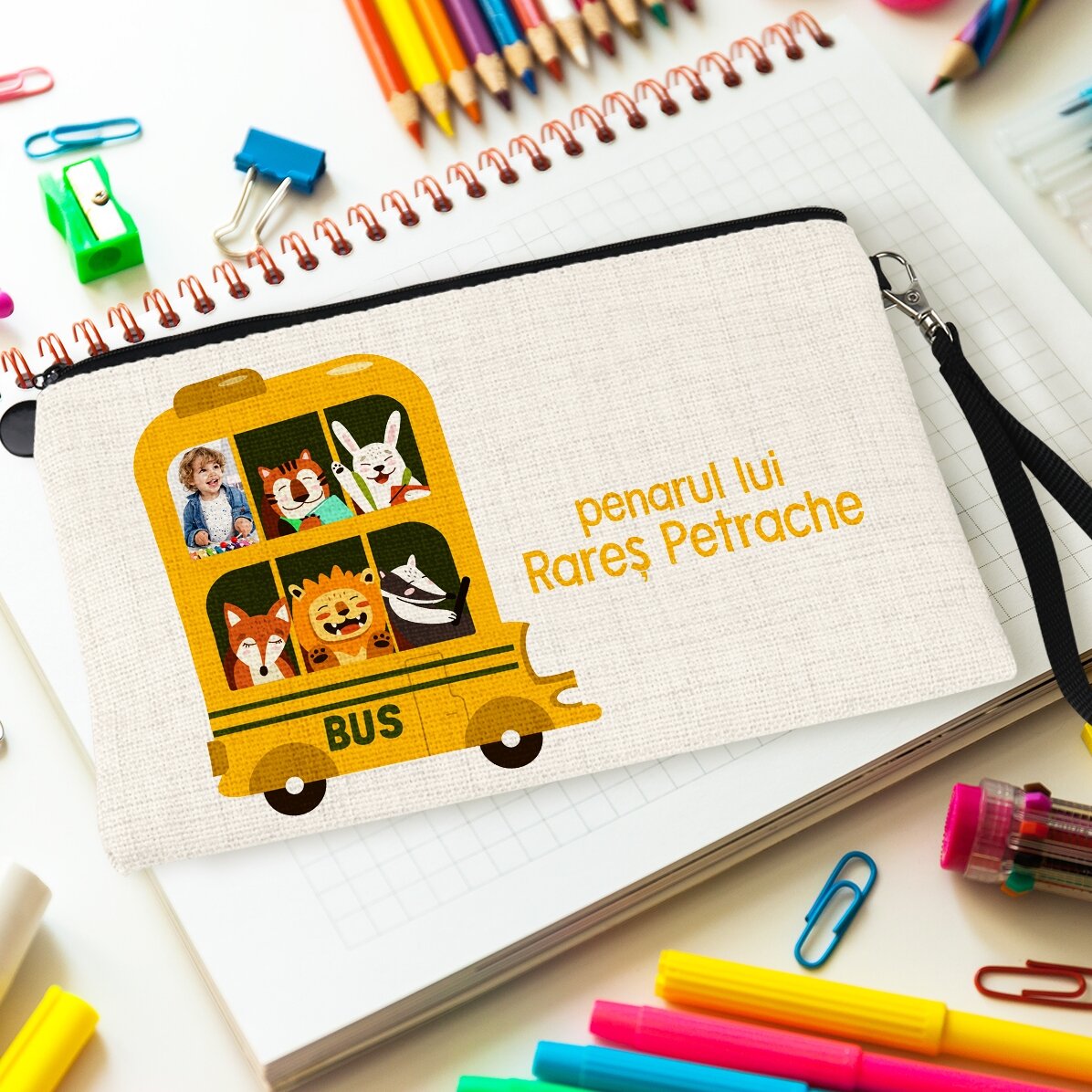 Gepersonaliseerde schoolset met foto en tekst - Bus
