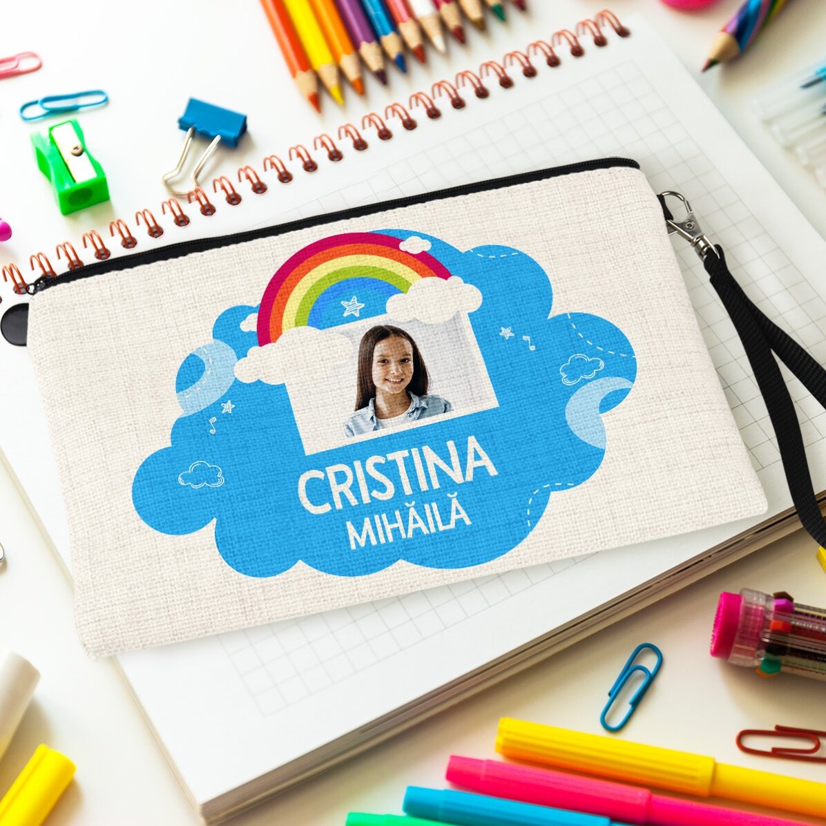 Gepersonaliseerde schoolset met foto en tekst - Regenboogmodel