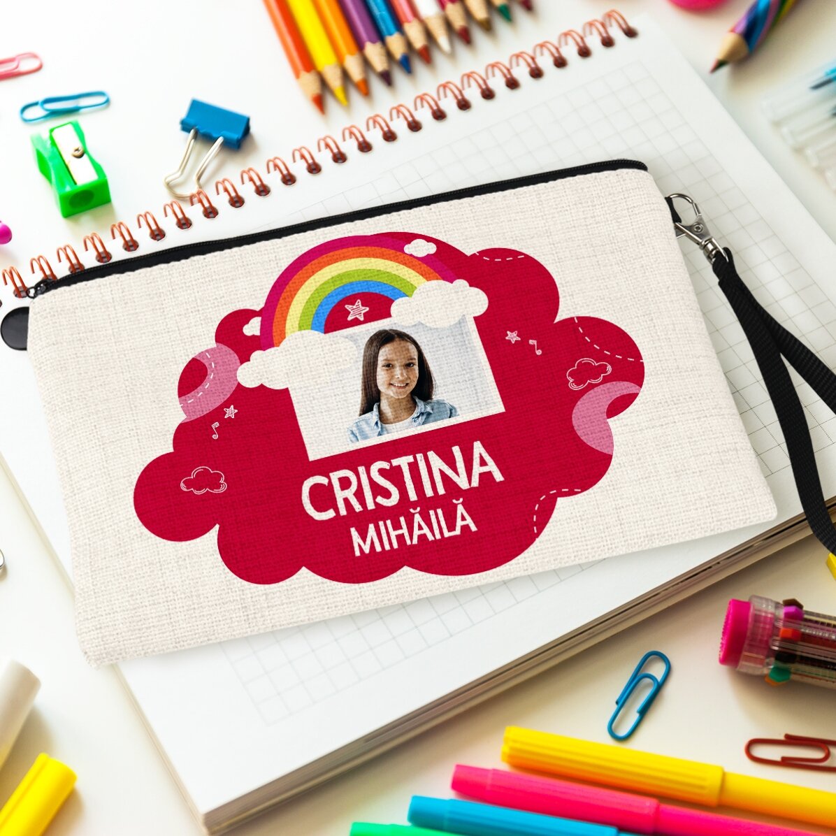 Gepersonaliseerde schoolset met foto en tekst - Regenboogmodel